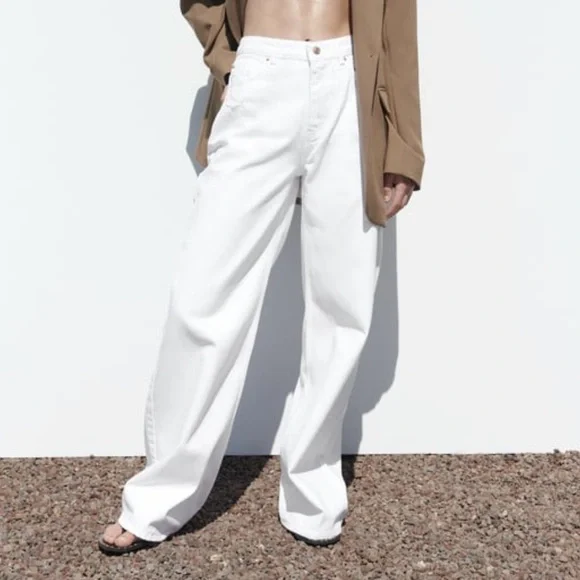 Zara | Jeans | New High Rise Straight Wide Leg White Jeans